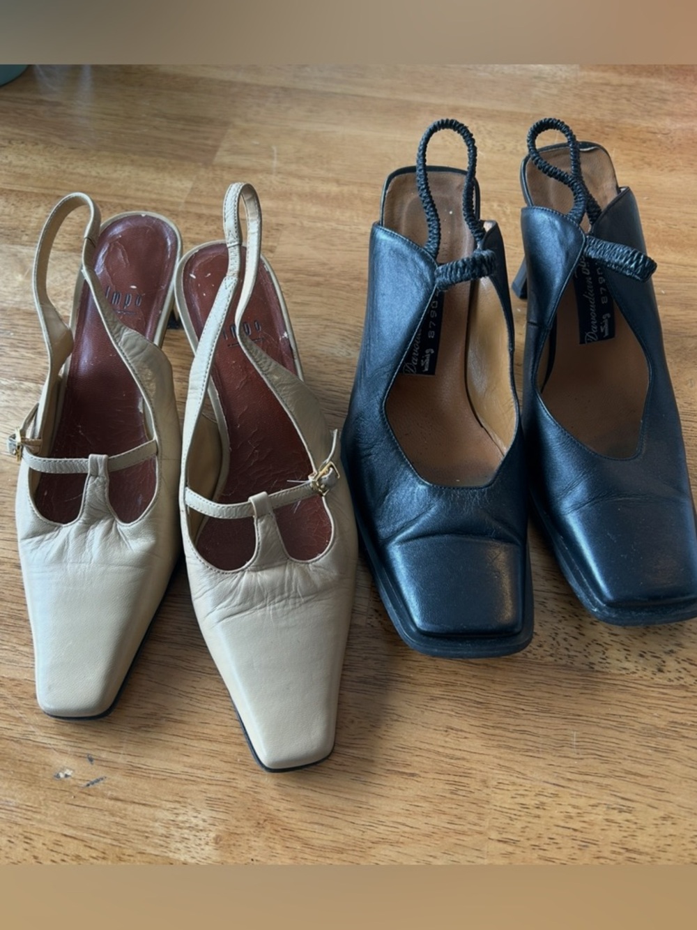2 Pair Vintage Leather Slingback Heels in Cream and Black